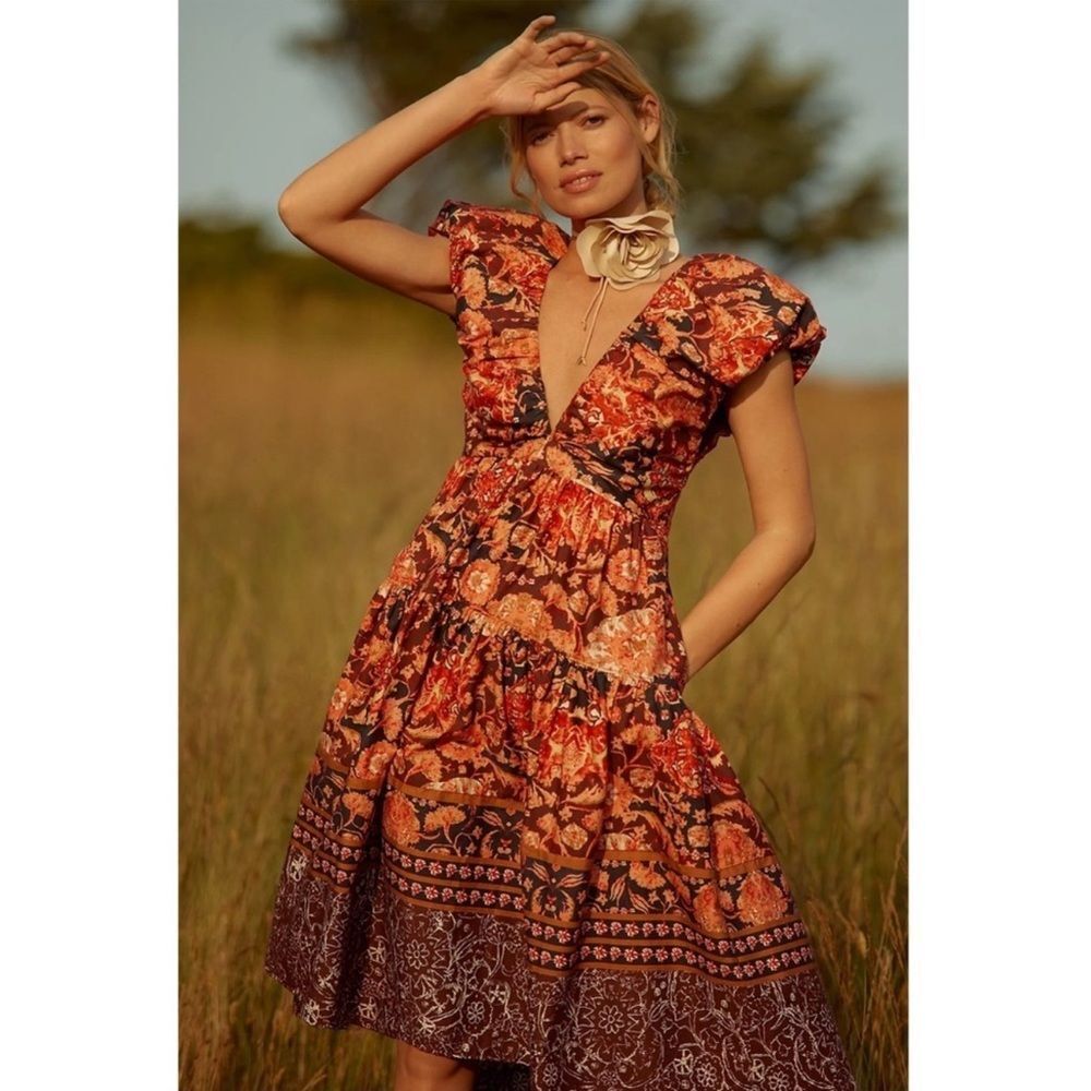 Floral V-Neck Midi Dress in Rust & Burnt Orange